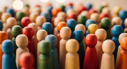Naklejka premium Colorful wooden people figurines in a crowd, diverse community concept