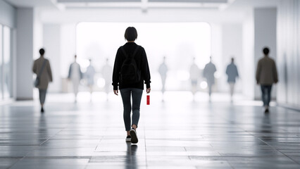 Fototapeta premium Woman walking down a bright hallway