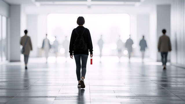 Woman walking down a bright hallway