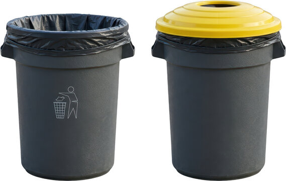 Two grey plastic trash cans one with a black liner and a recycling symbol the other with a yellow lid and a black liner garbage bin waste bin recycling bin public bin bin