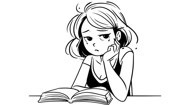 Young woman looking bored and tired while reading a book with a sad expression
