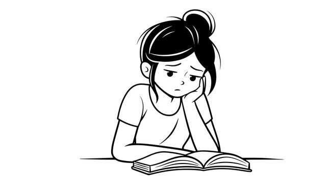 Young girl looking bored and tired while reading a book with a sad expression