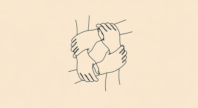 Interconnected hands in continuous line art on beige background forming a supportive circle