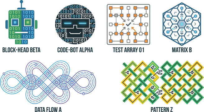 Collection of abstract technology and data flow icons representing coding algorithms and network patterns for digital concepts isolated on white
