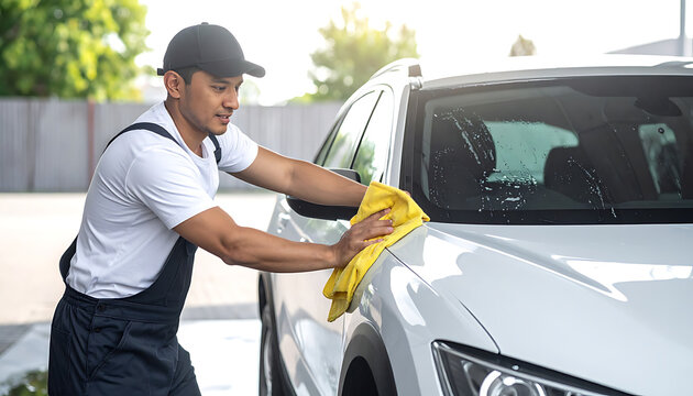 Man in uniform wiping a white car with a yellow microfiber cloth, car wash service, detailing, cleaning
