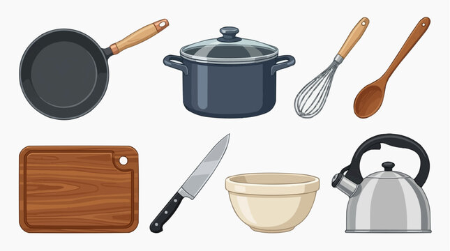 Kitchen Tools Illustration - Set of cookware and utensils including frying pan, pot, whisk, wooden spoon, cutting board, knife, mixing bowl and kettle, neatly arranged on light background