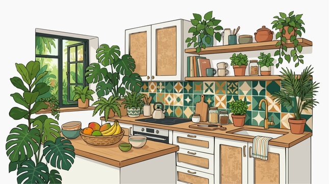 Kitchen Set - urban jungle kitchen interior with tropical plants and colorful tile backsplash, watercolor illustration isolated on white background