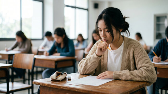 Thoughtful female student taking an exam in a bright classroom with focused concentration.