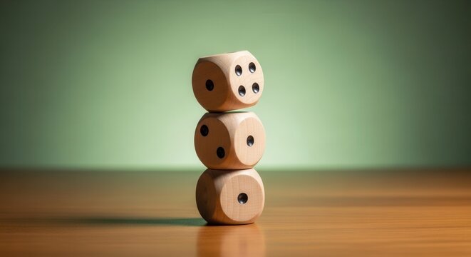 Stacked wooden dice tower on wooden table with soft green backdrop