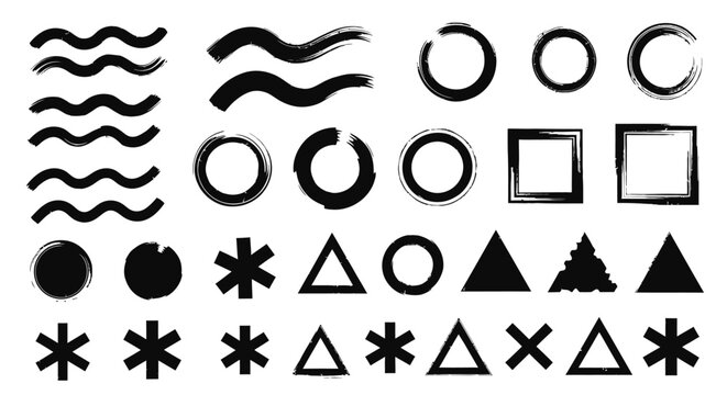 Abstract Brush Stroke Shapes: Waves, Circles, Squares, Triangles, Stars