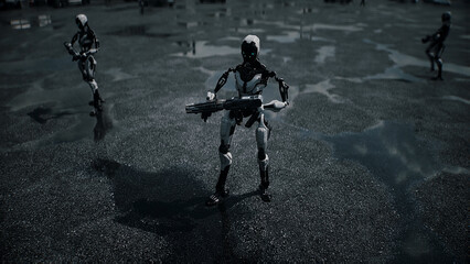 Obraz premium Robot carrying weapon, angry crowd protesting AI near a data center, anti-AI concept. 3d rendering.