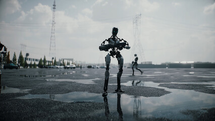 Obraz premium Robot carrying weapon, angry crowd protesting AI near a data center, anti-AI concept. 3d rendering.