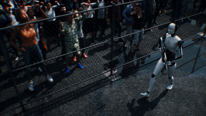 Obraz premium Robot carrying weapon, angry crowd protesting AI near a data center, anti-AI concept. 3d rendering.