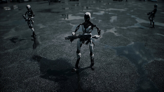 Robot carrying weapon, angry crowd protesting AI near a data center, anti-AI concept. 3d rendering.