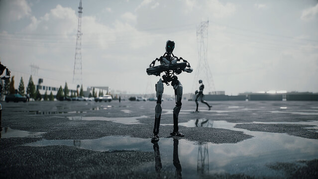 Robot carrying weapon, angry crowd protesting AI near a data center, anti-AI concept. 3d rendering.