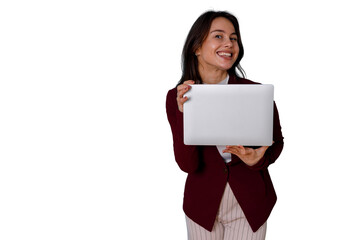 Fototapeta premium Smiling business woman showing laptop screen with copy space on transparent background, offering presentation