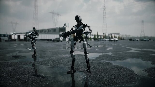 Robot carrying weapon, angry crowd protesting AI near a data center, anti-AI concept.
