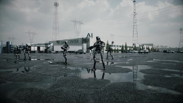 Robot carrying weapon, angry crowd protesting AI near a data center, anti-AI concept.