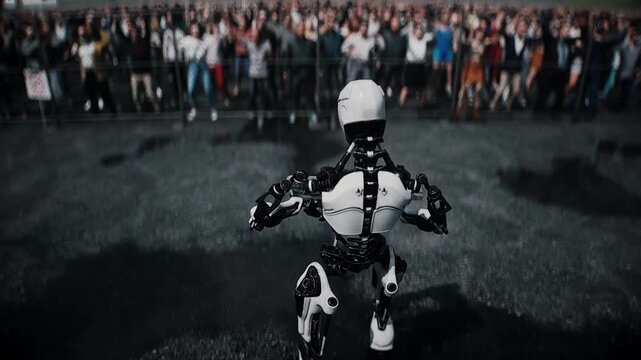 Robot carrying weapon, angry crowd protesting AI near a data center, anti-AI concept.