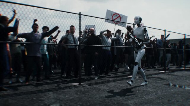 Robot carrying weapon, angry crowd protesting AI near a data center, anti-AI concept.