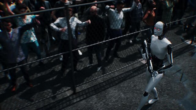 Robot carrying weapon, angry crowd protesting AI near a data center, anti-AI concept.