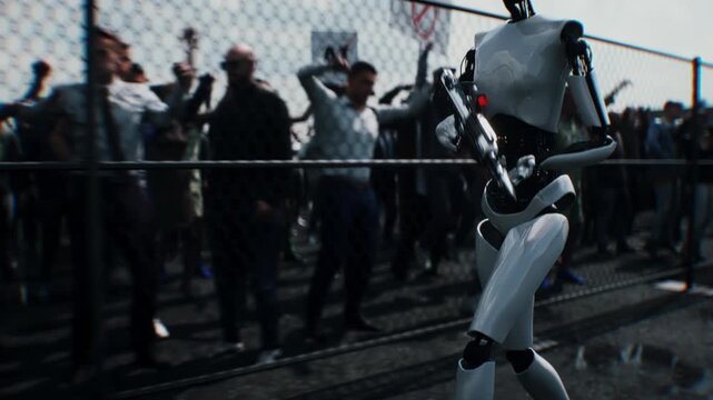 Robot carrying weapon, angry crowd protesting AI near a data center, anti-AI concept.