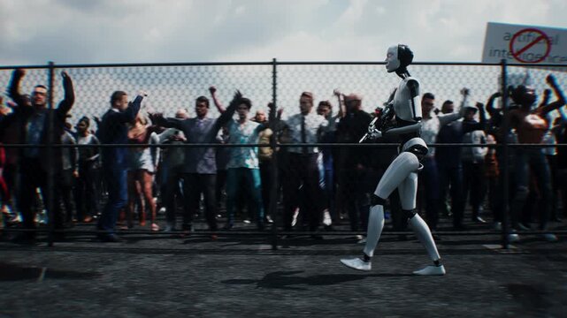 Robot carrying weapon, angry crowd protesting AI near a data center, anti-AI concept.