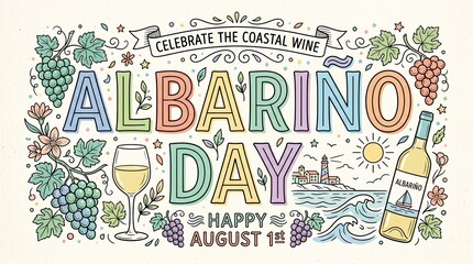 Obraz premium Albariño Day Celebration Block Letters Line Art Pastel Colors Wine Festival Typography Design