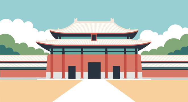 Imperial Palace Gate, Traditional Chinese Architecture, Flat Design Illustration