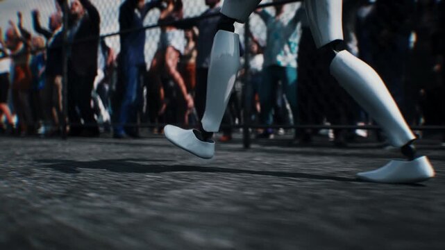 Robot carrying weapon, angry crowd protesting AI near a data center, anti-AI concept.