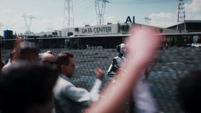 Robot carrying weapon, angry crowd protesting AI near a data center, anti-AI concept.