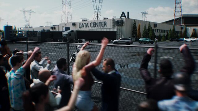 Robot carrying weapon, angry crowd protesting AI near a data center, anti-AI concept.