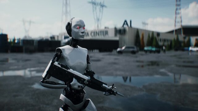 Robot carrying weapon, angry crowd protesting AI near a data center, anti-AI concept.