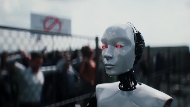 Robot carrying weapon, angry crowd protesting AI near a data center, anti-AI concept.