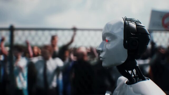 Robot carrying weapon, angry crowd protesting AI near a data center, anti-AI concept.