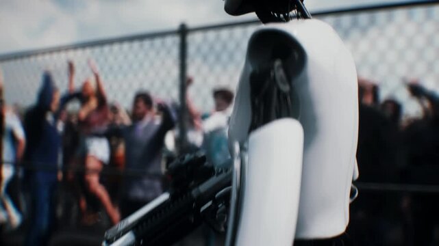 Robot carrying weapon, angry crowd protesting AI near a data center, anti-AI concept.