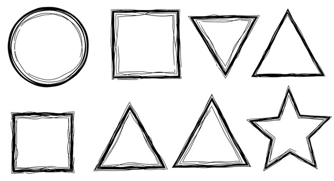 Grunge geometric shapes: circle, square, triangle, star, hand-drawn frames