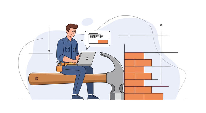 Construction worker using laptop for remote interview while building a brick wall, symbolizing career advancement and remote work in construction.
