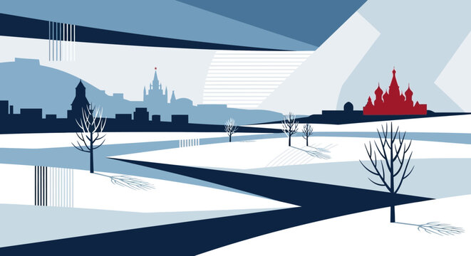 Winter Moscow cityscape panorama, Kremlin spires, snow-covered landscape, abstract style