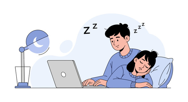 Couple Sleeping at Desk While Working on Laptop at Night