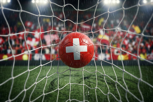 Switzerland Soccer Ball in Goal Net with Swiss Flag