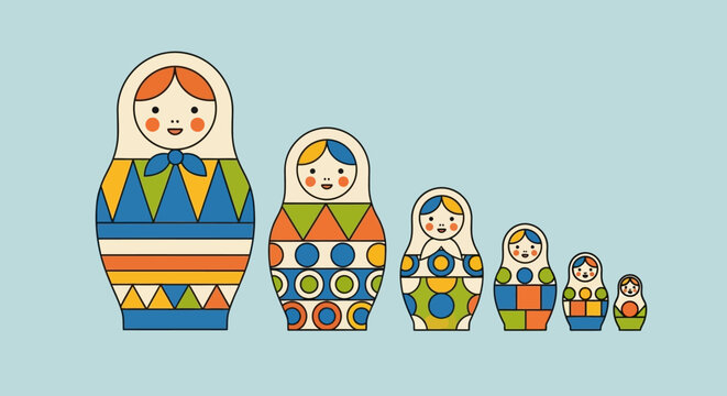Matryoshka dolls, nested dolls, Russian folk art, isolated on blue