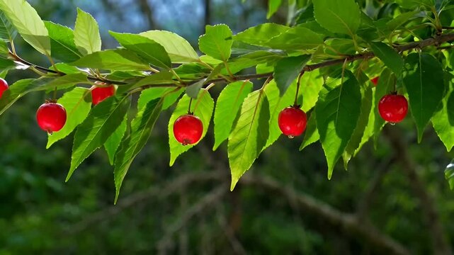 Vibrant red cherries hang from lush green leaves on a tree branch in a sunny outdoor setting with natural surroundings.