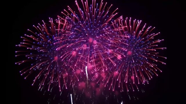 Vibrant pink and purple fireworks explode in the night sky.