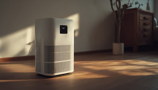White air purifier in sunlit room with wooden floor and furniture