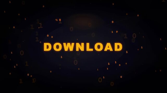 Glowing Golden Download Text Animation with Floating Binary Code on Dark Digital Background