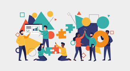 Fototapeta premium Teamwork and Collaboration: Diverse People Solving Puzzles Together