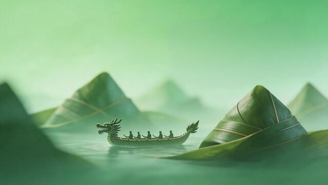 Expanding Horizon with Miniature Dragon Boat Navigating Through Giant Zongzi for Cultural dragon boat, zongzi, dragon boat racing, festival, celebration, tradition, Innovation and Teamwork Celebration