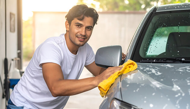 Man smiling while washing a car with a yellow microfiber cloth, outdoor sunny day