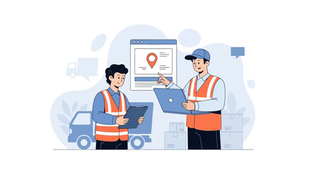 Fototapeta premium Logistics Workers Collaborating on Delivery Tracking with Laptop and Clipboard, Modern Flat Illustration